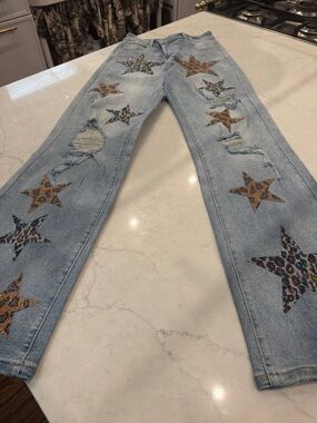 Light Blue Distressed Flare Jeans with Leopard Star Patches